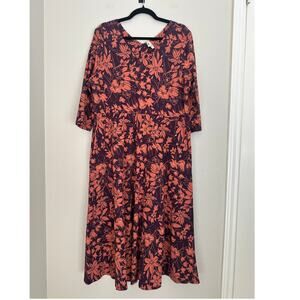 Pact Fit and Flare Scoop Neck Dress, Purple/Orange Floral, Organic, XXL